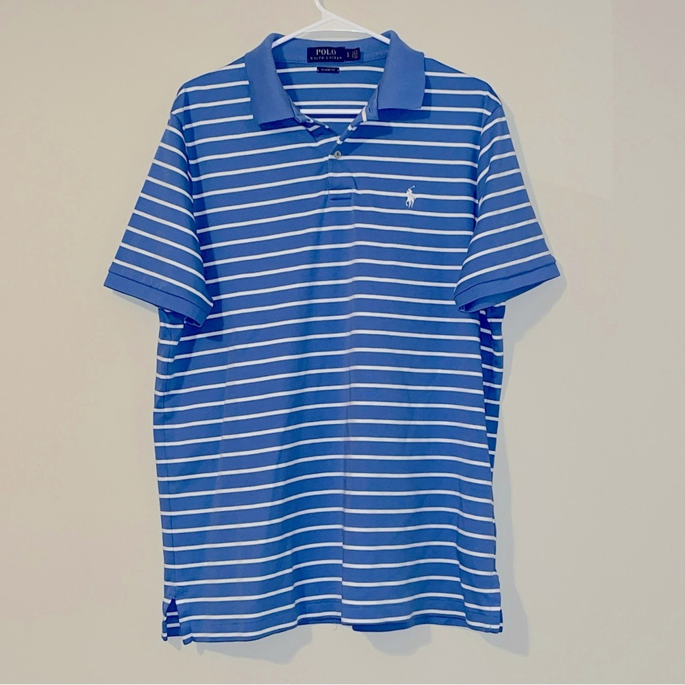 Ralph Lauren Polo Shirt Men Large Blue White Striped Soft Touch Pima Cotton Top